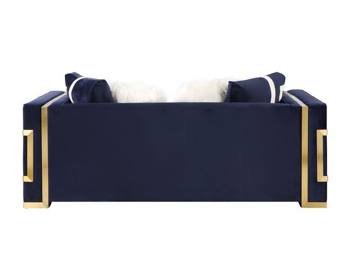 Virrux - Loveseat With 4 Pillows - Blue Velvet & Gold