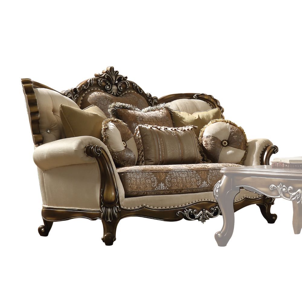 Latisha - Loveseat - Tan, Pattern Fabric & Antique Oak