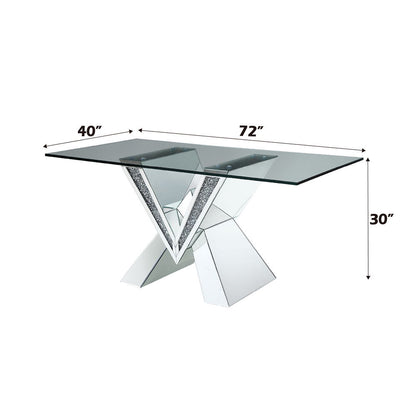 Noralie - 30" Dining Table - Mirrored, Faux Diamonds & Clear Glass Top
