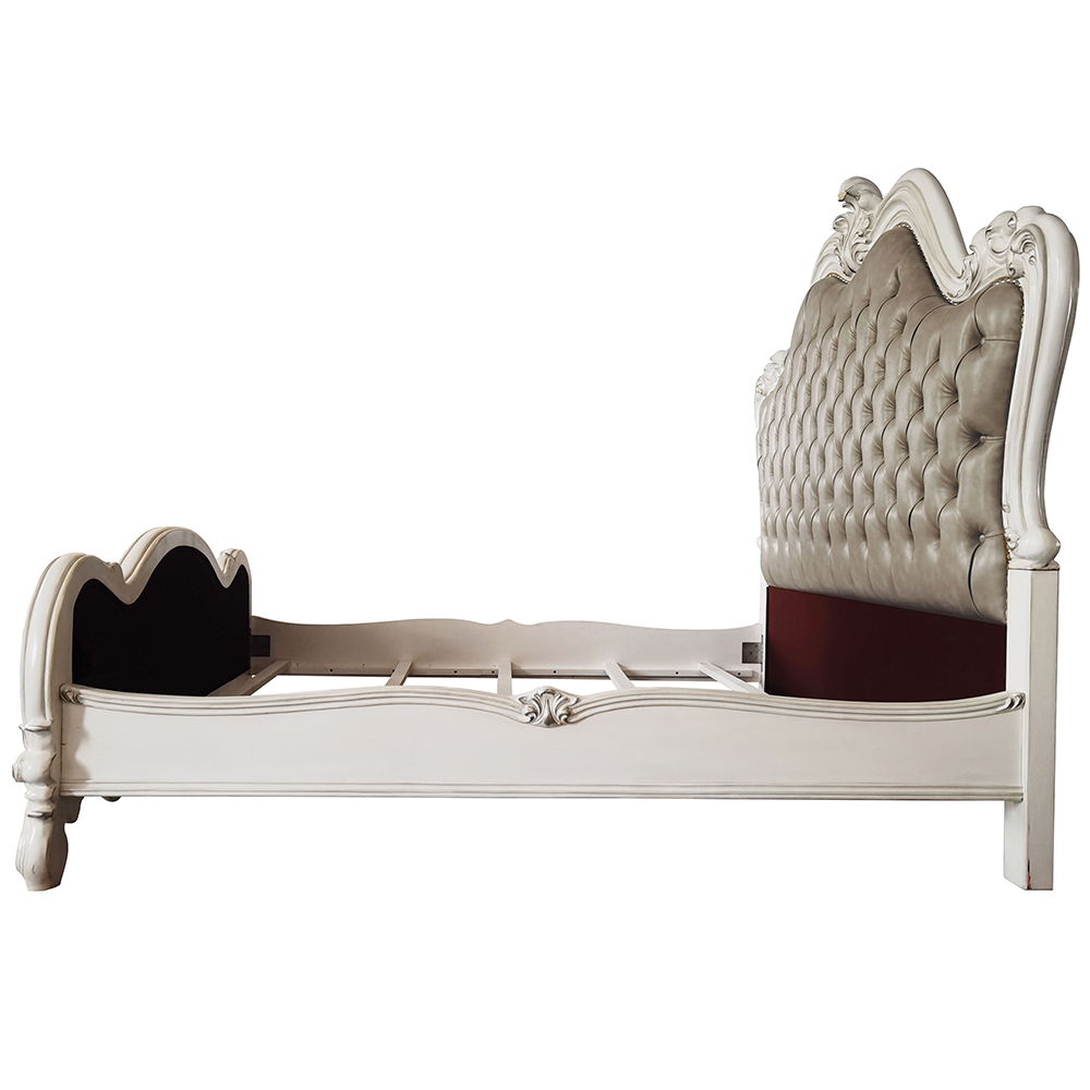 Versailles II - Queen Bed - Vintage Gray Synthetic Leather & Bone White