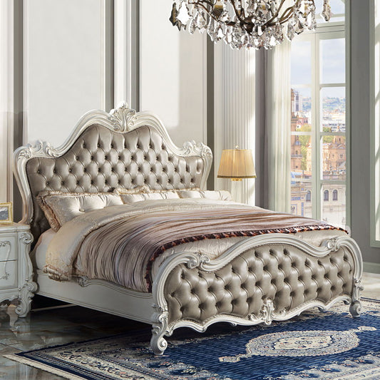Versailles II - Queen Bed - Vintage Gray Synthetic Leather & Bone White