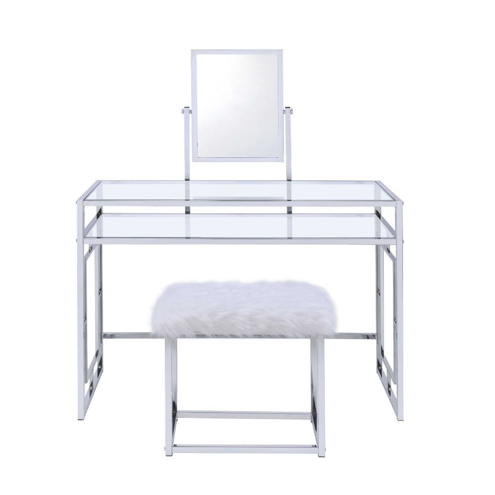 Carenze II - Vanity Desk - White Faux Fur & Chrome