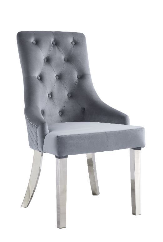 Satinka - Side Chair (Set of 2) - Gray Fabric & Mirrored Silver Finish