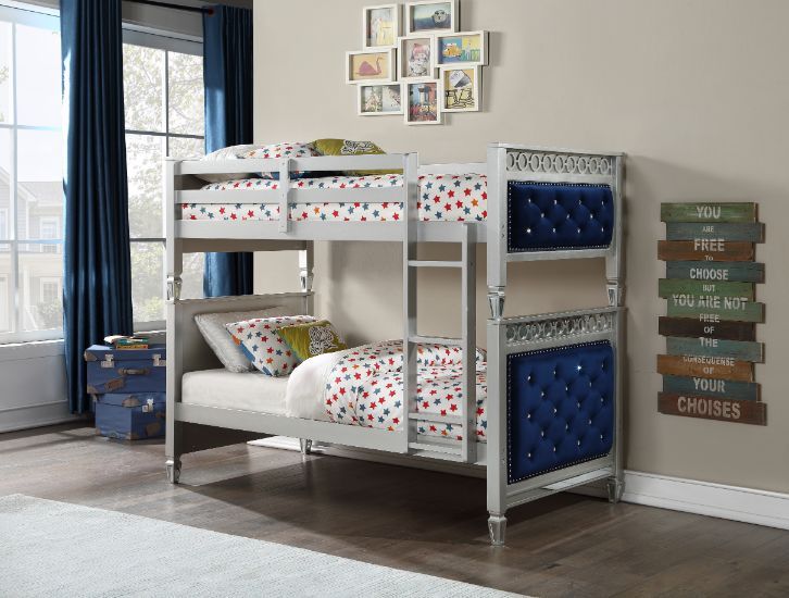 Varian - Twin Over Twin Bunk Bed - Blue Velvet & Silver Finish