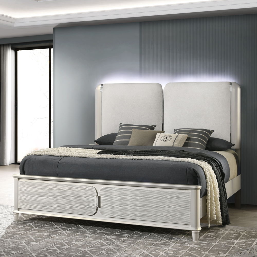 Laveda - Eastern King Bed With LED - Light Gray Boucle & Pearl White Finish