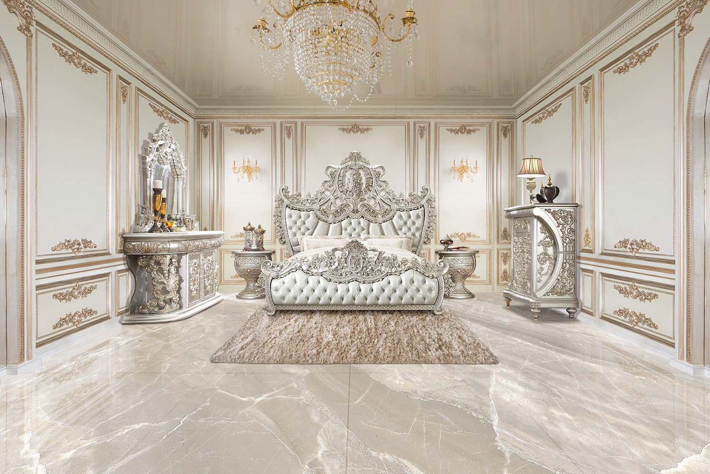 Sandoval - Eastern King Bed - Beige Synthetic Leather & Champagne