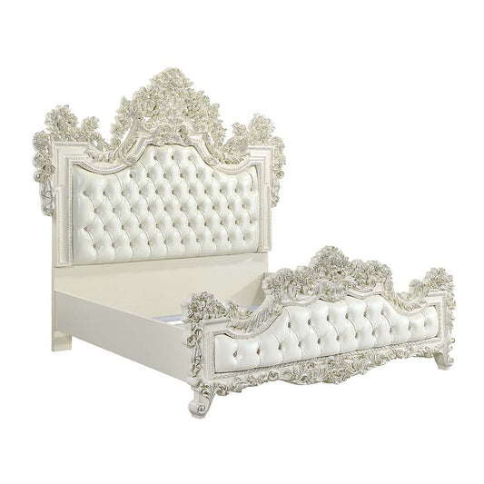 Adara - Eastern King Bed - Pearl White Synthetic Leather & Antique White