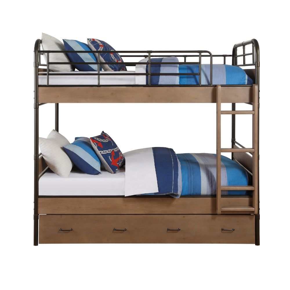 Adams - Twin Over Twin Bunk Bed & Trundle - Antique Oak & Gunmetal