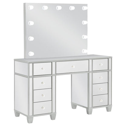 Allora - 9-Drawer Mirrored Storage Vanity Set With Hollywood Lighting - Metallic