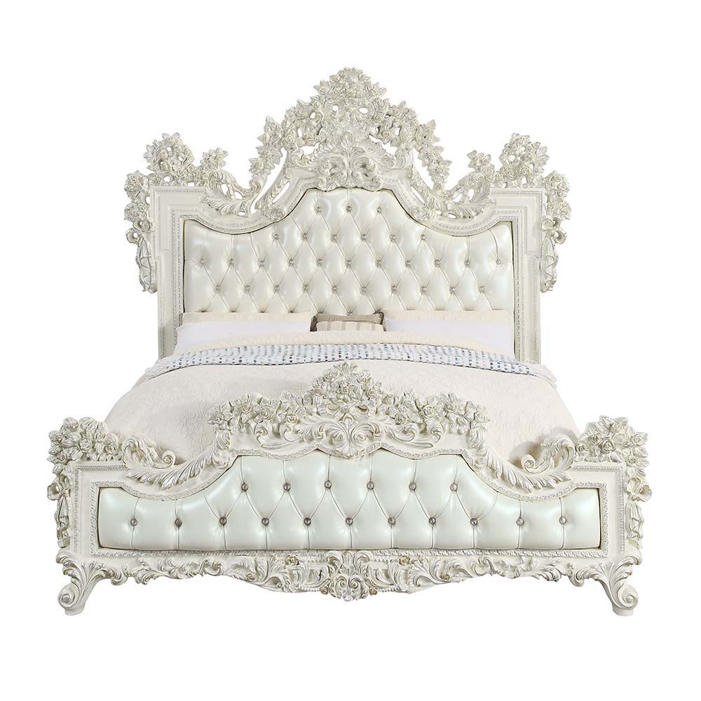 Adara - Eastern King Bed - Pearl White Synthetic Leather & Antique White
