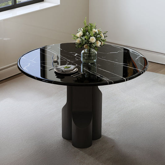 Kinton - Round Dining Table With Natural Marble Top - Black