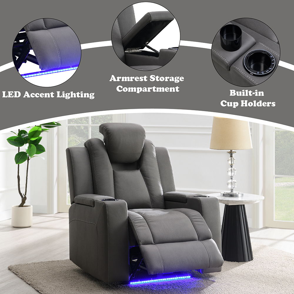 Leuco - Power Motion Recliner With Cup Holder, Control, LED & Power Headrest - Gray